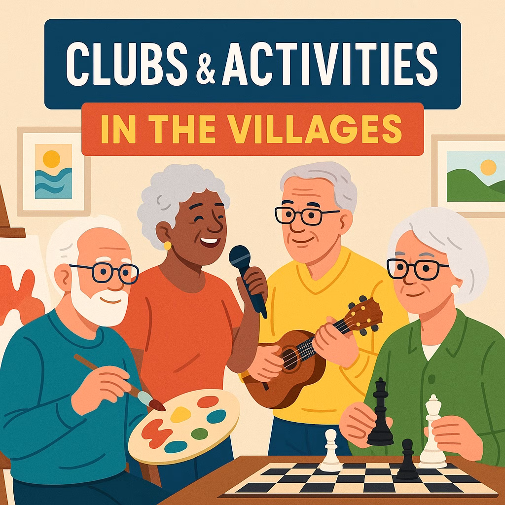 Collage of activities helping you discover clubs in The Villages Florida and embrace the lifestyle.