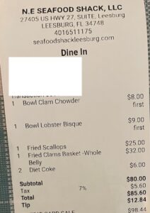 Seafood Shack Leesburg FL receipt total