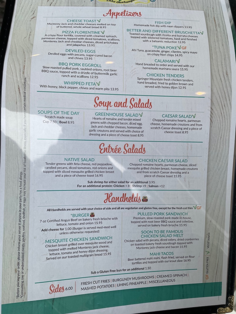 Lake Okahumpka restaurant menu page 2 with entrées, salads, and desserts