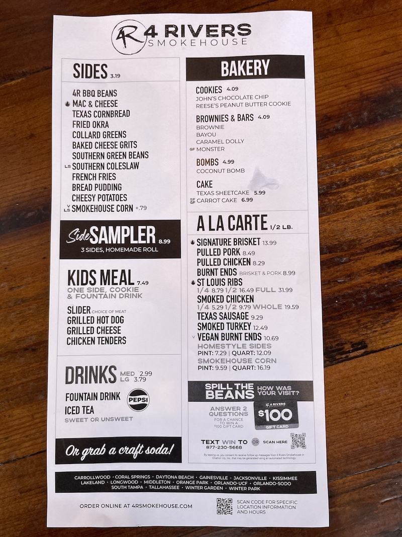 4 Rivers Smokehouse Middleton menu selections