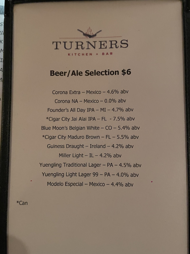 Beer and ale list featuring Florida and imported selections
