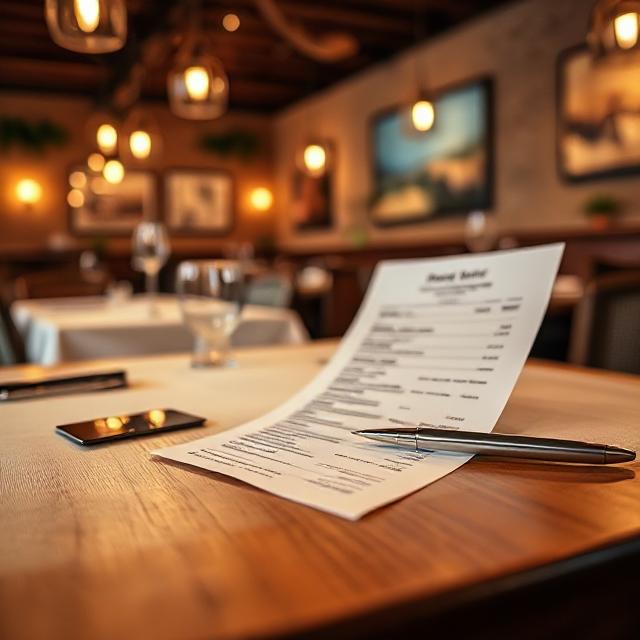 Reviewing restaurant bill and tip at a table in The Villages Florida, showing credit card and pen in warm evening light