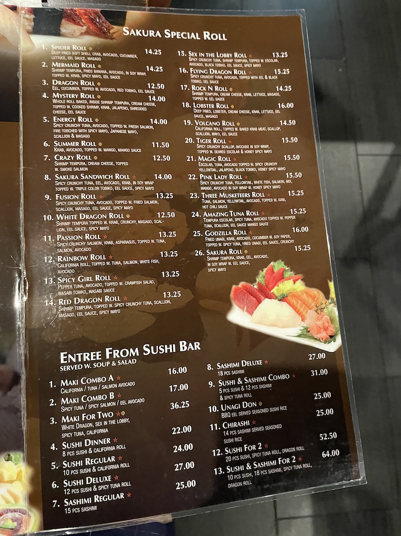 Sakura Lady Lake menu page 3 — specialty rolls and bento boxes