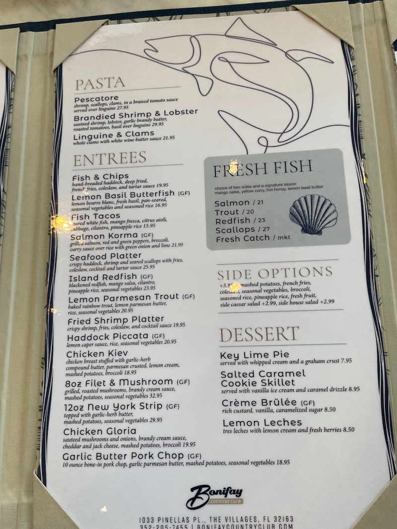 Bonifay Country Club entrée selection menu
