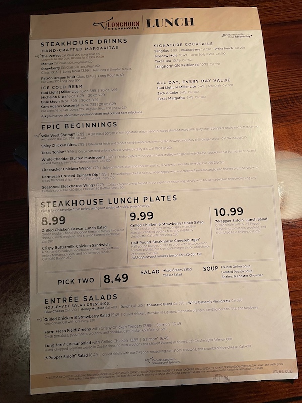 LongHorn Steakhouse lunch menu Lady Lake The Villages
