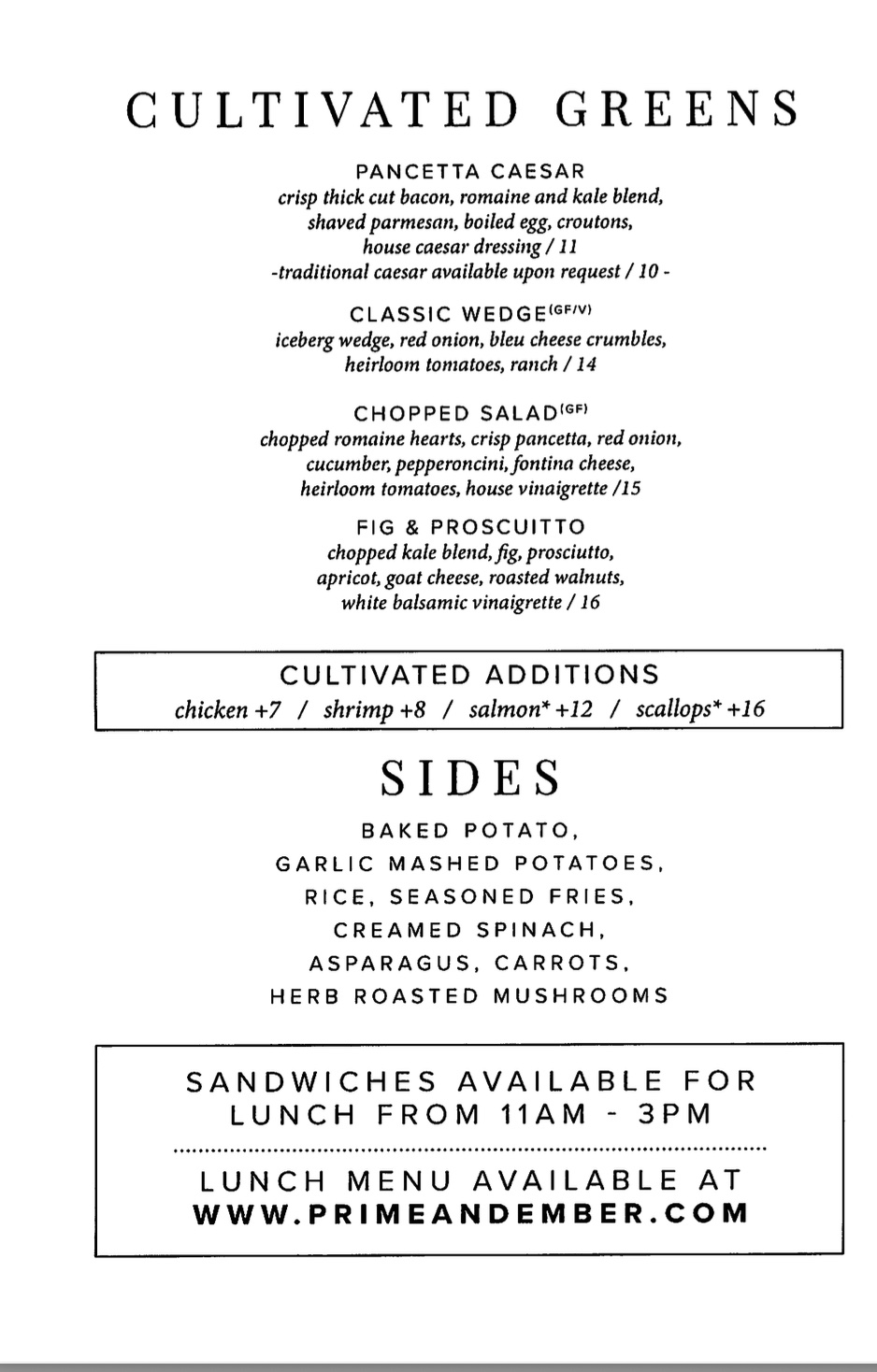 Salad and side dish menu with wedge, Caesar and vegetables