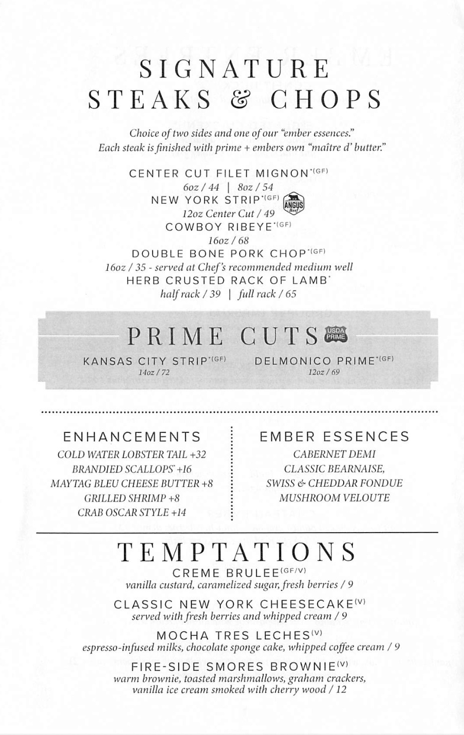 Steak and chops menu including filet, ribeye and pork chop