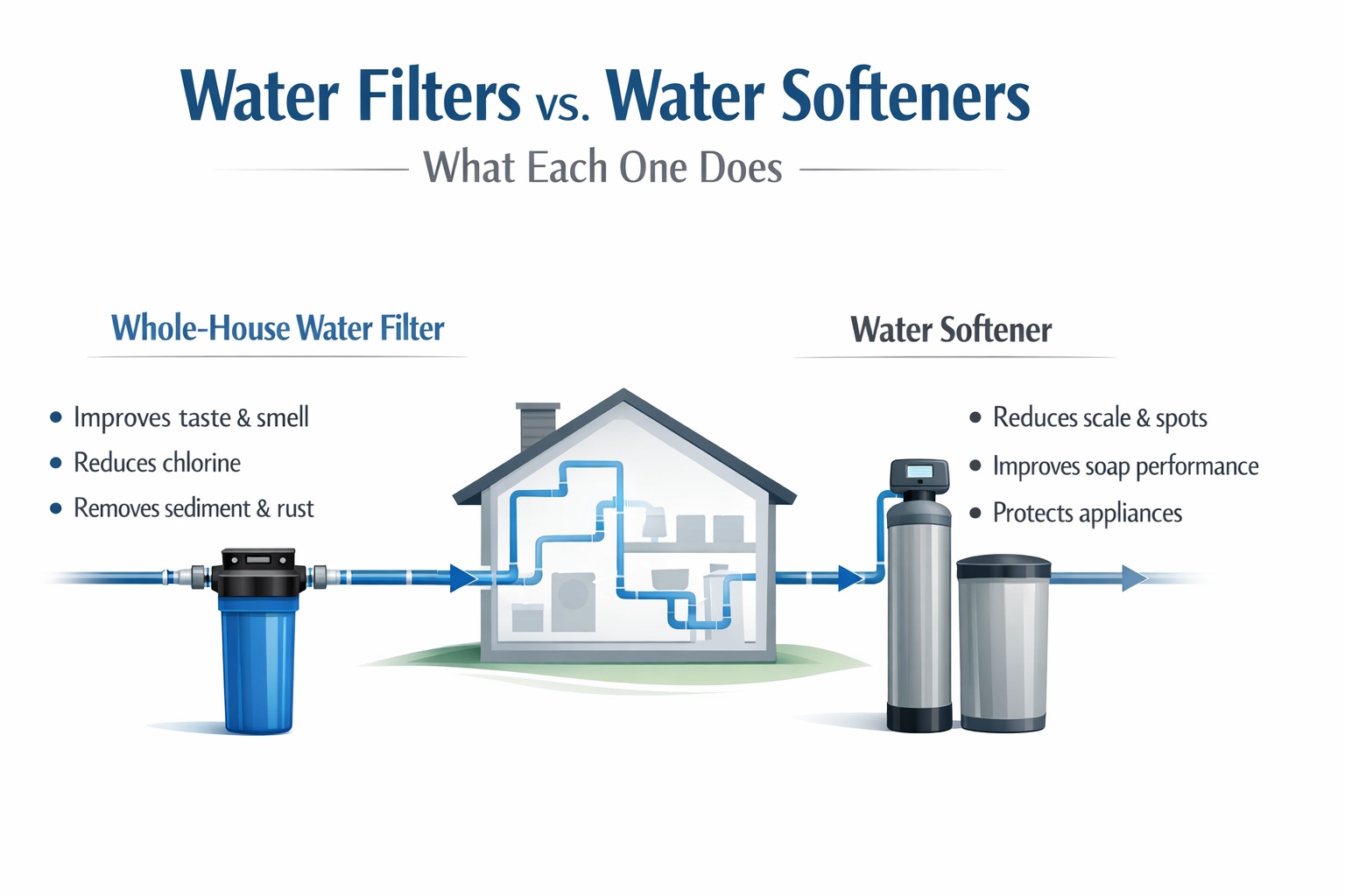 Diagram showing the difference between whole-house water filters and water softeners in The Villages