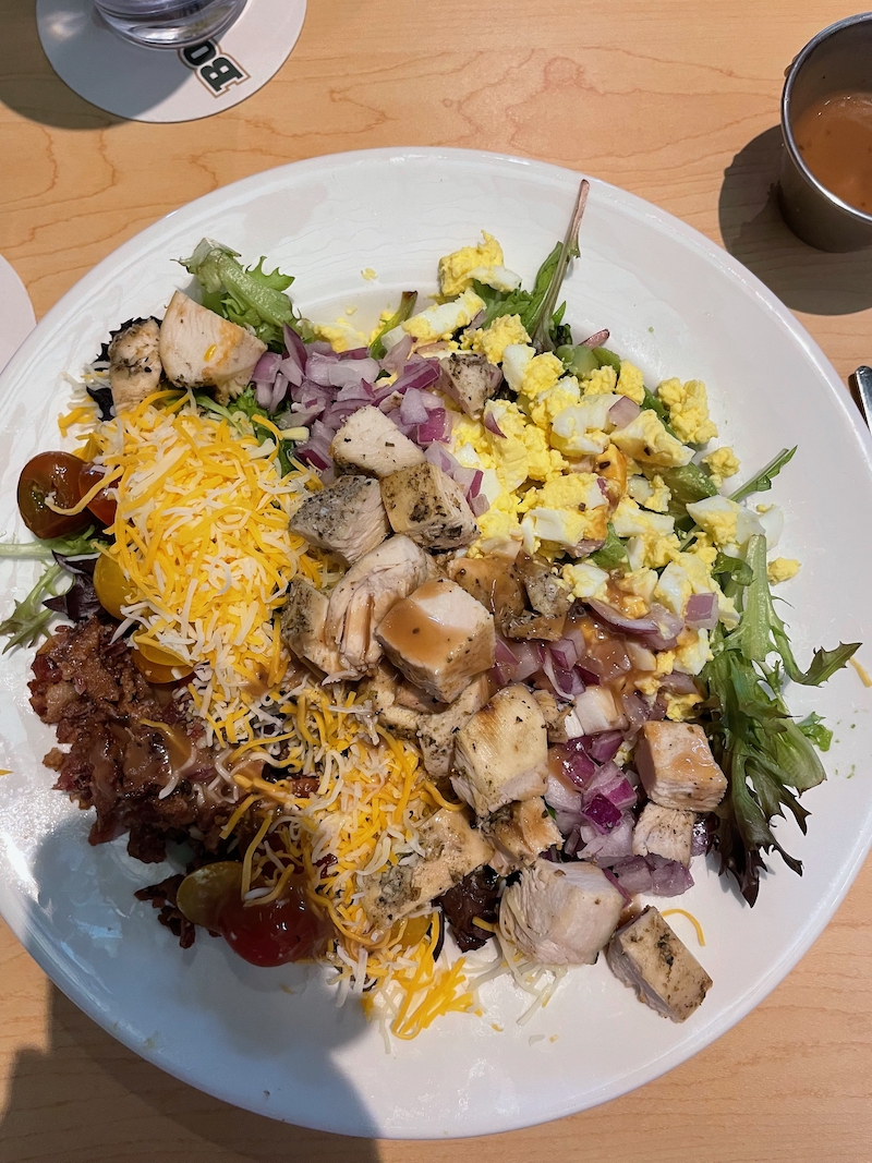 Cobb salad with grilled chicken, bacon, egg, tomatoes, cheese, and mixed greens