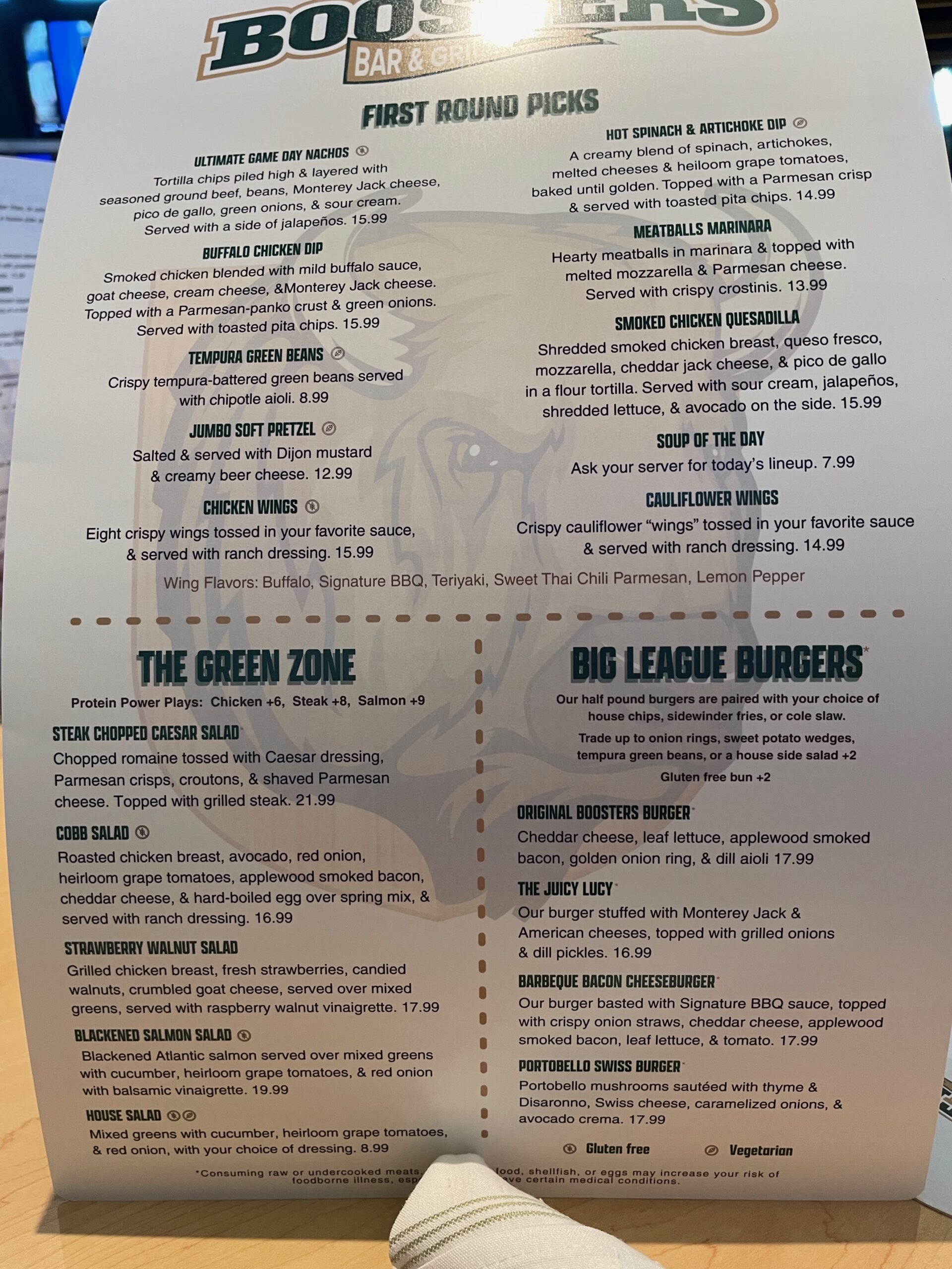 Boosters lunch menu with salads, burgers, and handheld items