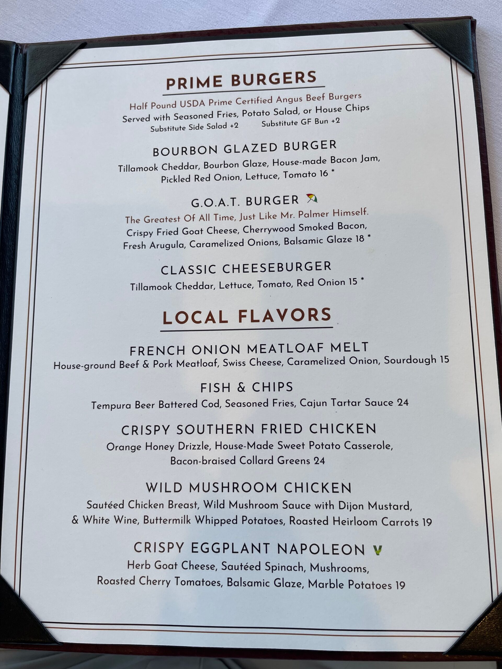 Burgers and local favorites menu at Palmer Legends