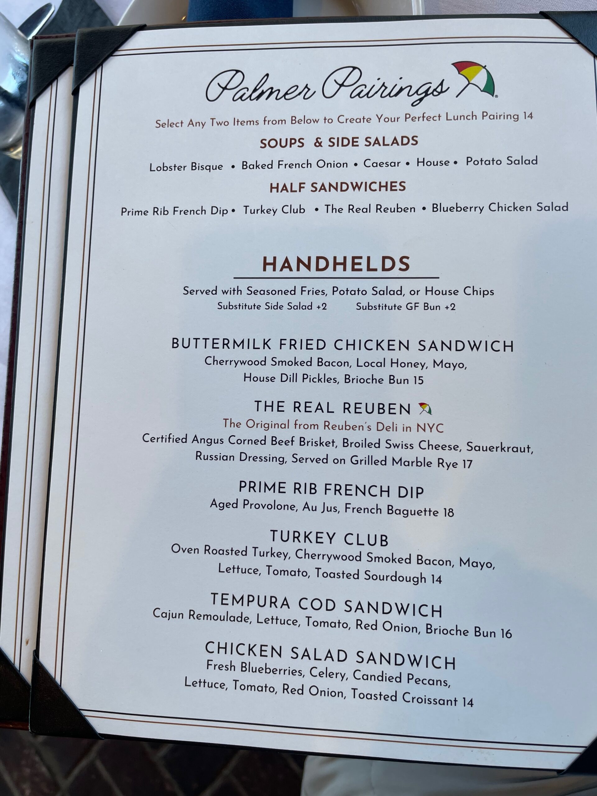 Palmer Legends lunch menu showing Palmer Pairings and sandwich options