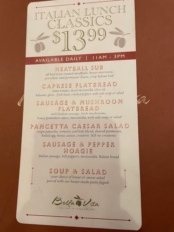 Bella Vita Italian lunch classics menu February 2026