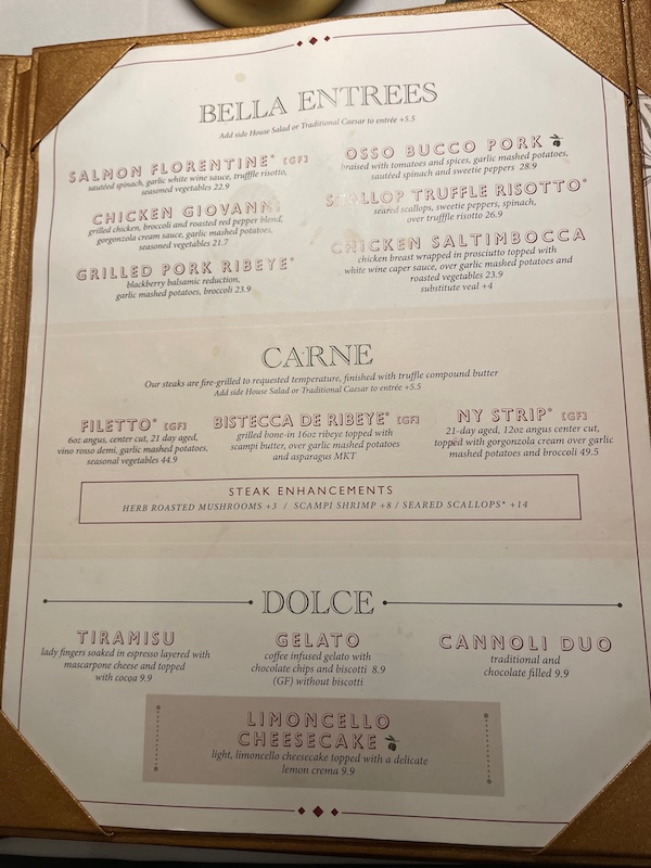Bella Vita Italian Steakhouse main dinner menu February 2026