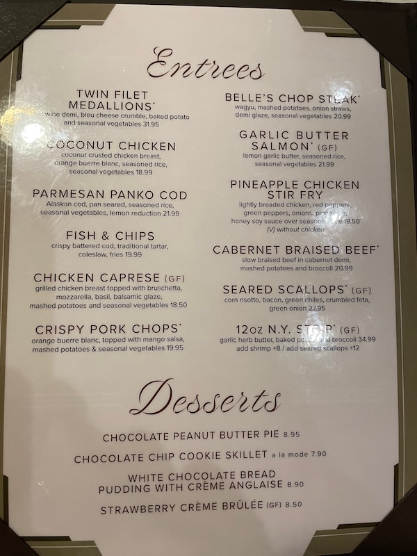Belle Glade Country Club dinner entrées and desserts menu with prices
