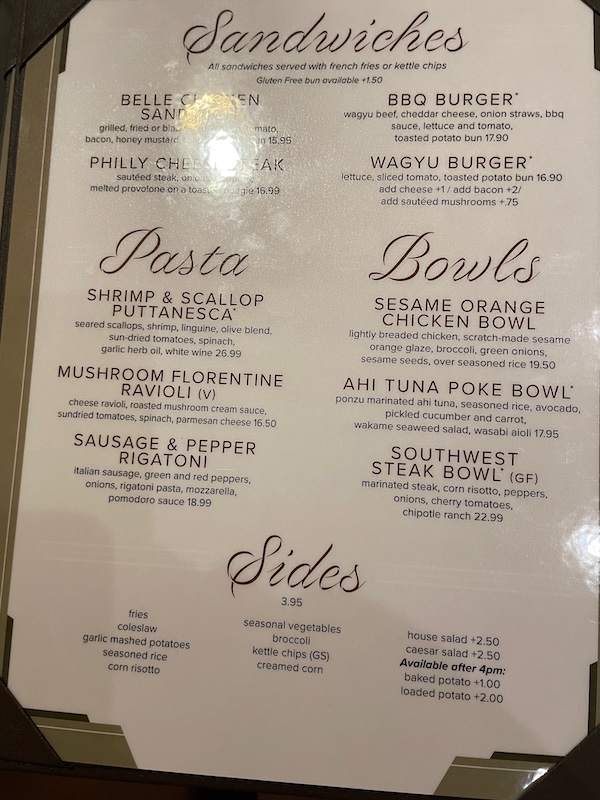 Belle Glade Country Club sandwiches pasta and bowls menu with prices