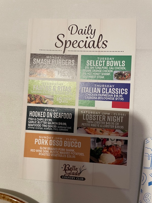 Belle Glade Country Club nightly dinner specials menu