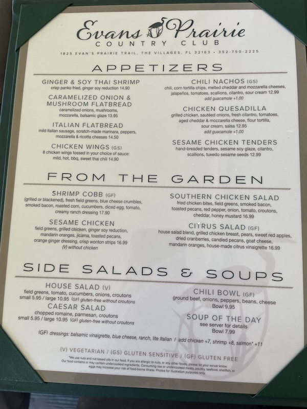 Evans Prairie appetizer menu page