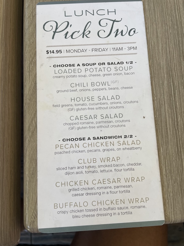 Evans Prairie lunch specials menu showing Pick Two weekday offer