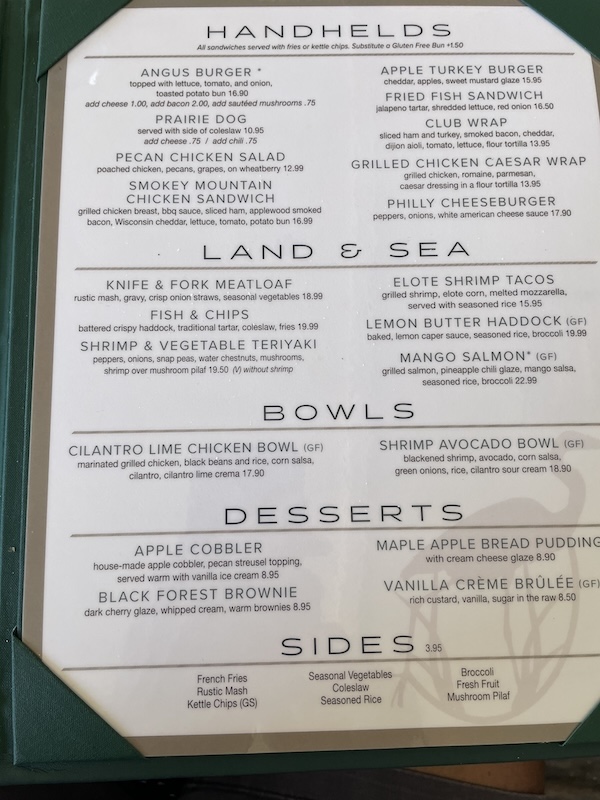 Evans Prairie Country Club lunch menu