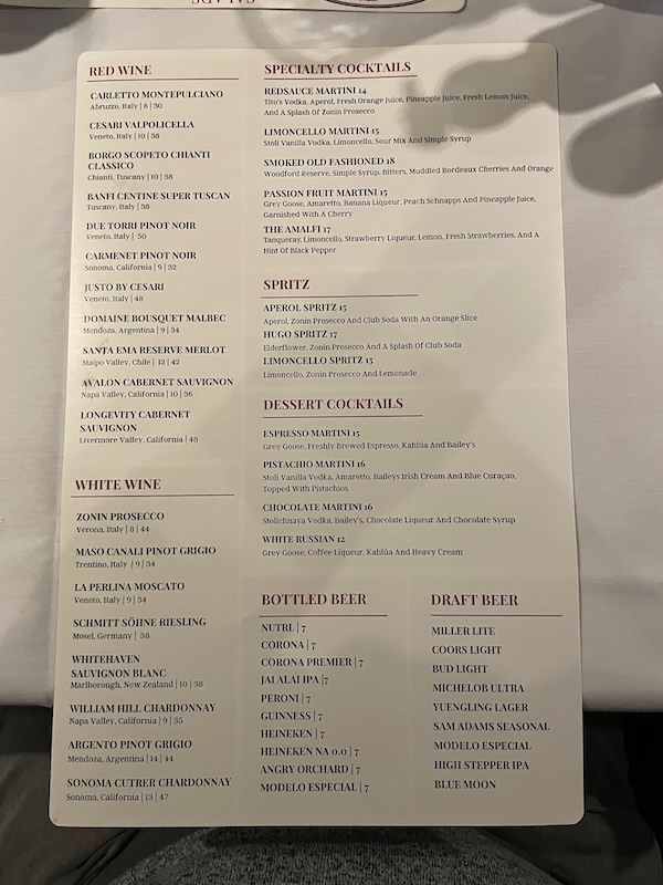 RedSauce drink menu with specialty cocktails and martinis February 2026