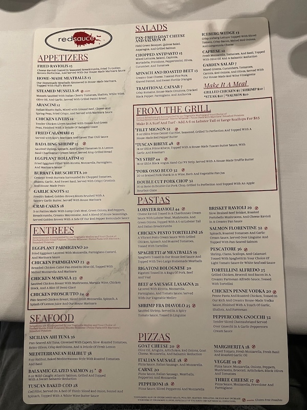 RedSauce Lake Sumter Landing menu with prices February 2026