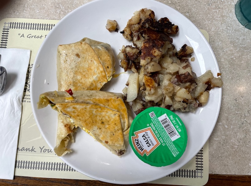 Breakfast burrito with home fries at Breakfast Station Leesburg Florida