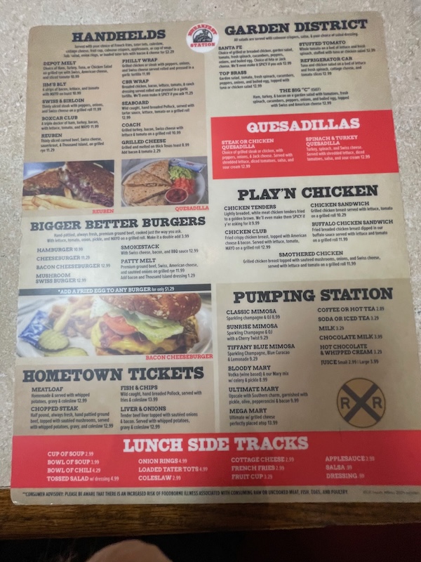 Menu with burgers, sandwiches, and salads