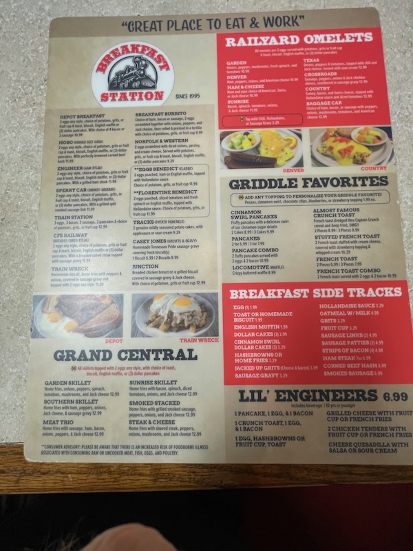 Breakfast menu showing omelets and skillet options