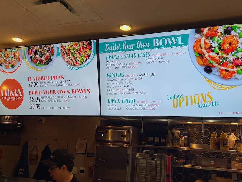 Menu board showing build your own bowls at Luma Mediterranean Kitchen Sawgrass Grove