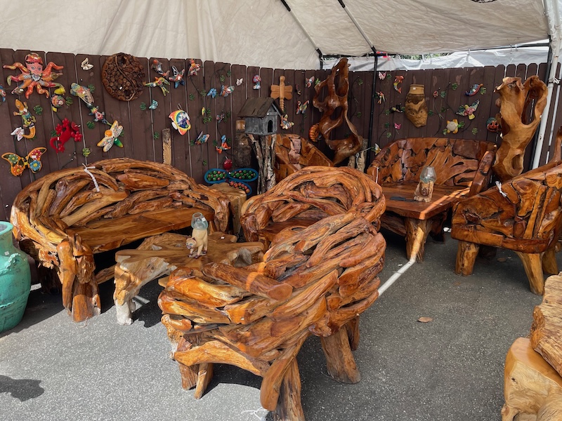 Wooden chairs with organic shapes at Barberville Yard Art