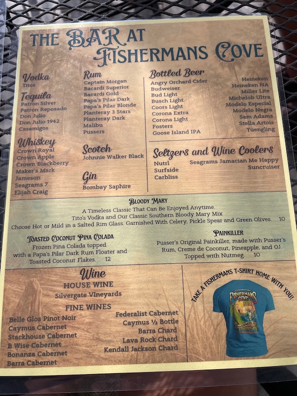 Bar menu at Fisherman’s Cove showing beer, wine, and cocktails