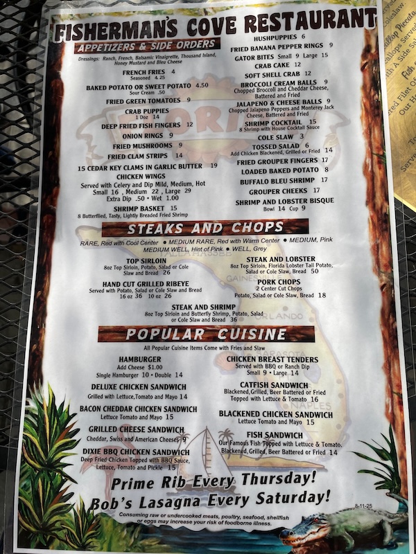 Appetizers menu at Fisherman’s Cove with seafood starters and sides