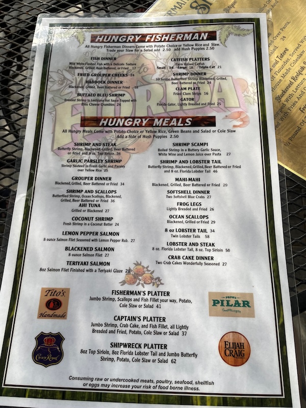 Main menu at Fisherman’s Cove Restaurant showing seafood entrees and platters