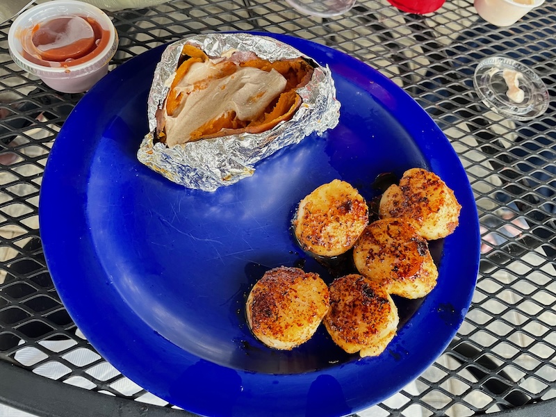 Seared scallops entrée with baked potato