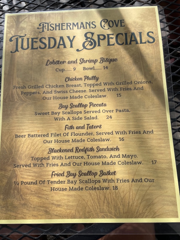 Tuesday specials menu at Fisherman’s Cove restaurant