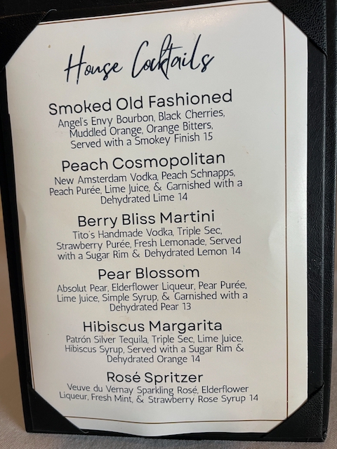 House cocktail menu with specialty drinks