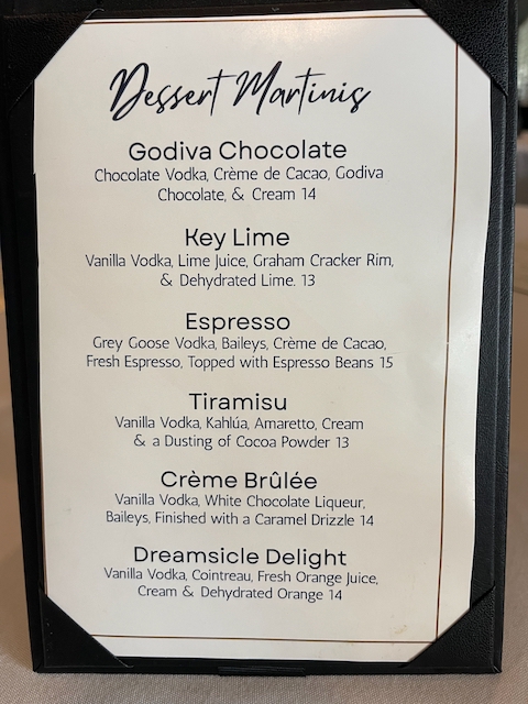Dessert martini menu featuring chocolate and espresso drinks