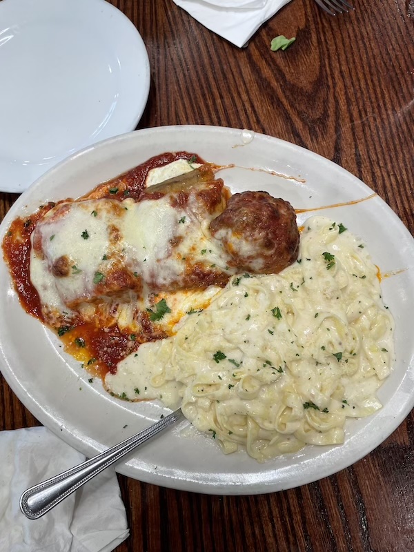 Italian trio with lasagna, meatball, and fettuccine alfredo at Roberto’s