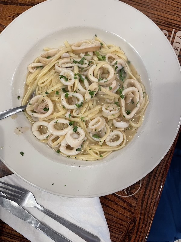 Linguini with calamari in white wine sauce at Roberto’s Ristorante