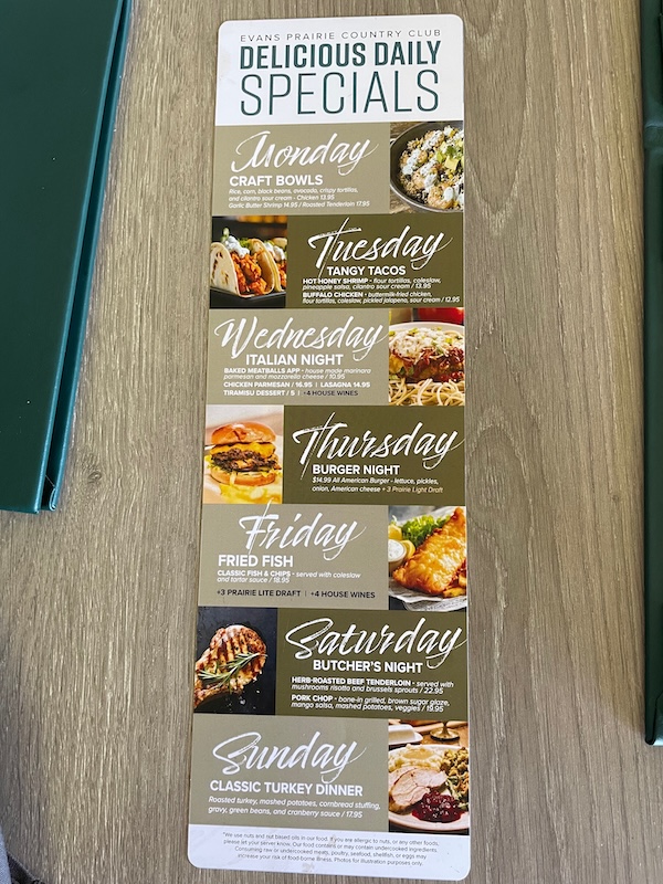 Daily specials menu at Evans Prairie Country Club