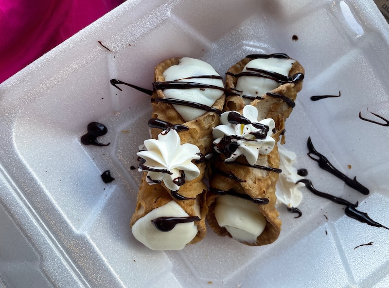 Chocolate chip cannoli with cream filling and chocolate drizzle