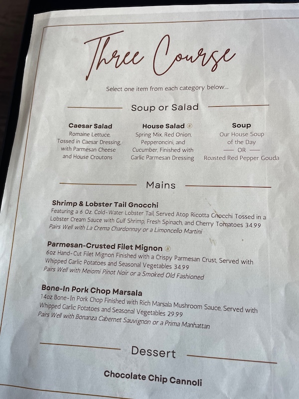 Three-course dinner special menu at Brownwood restaurant