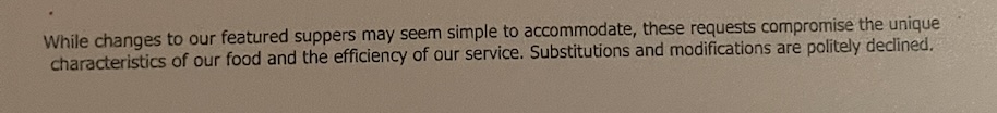 Menu policy regarding substitutions at Turner's Kitchen + Bar in downtown Leesburg