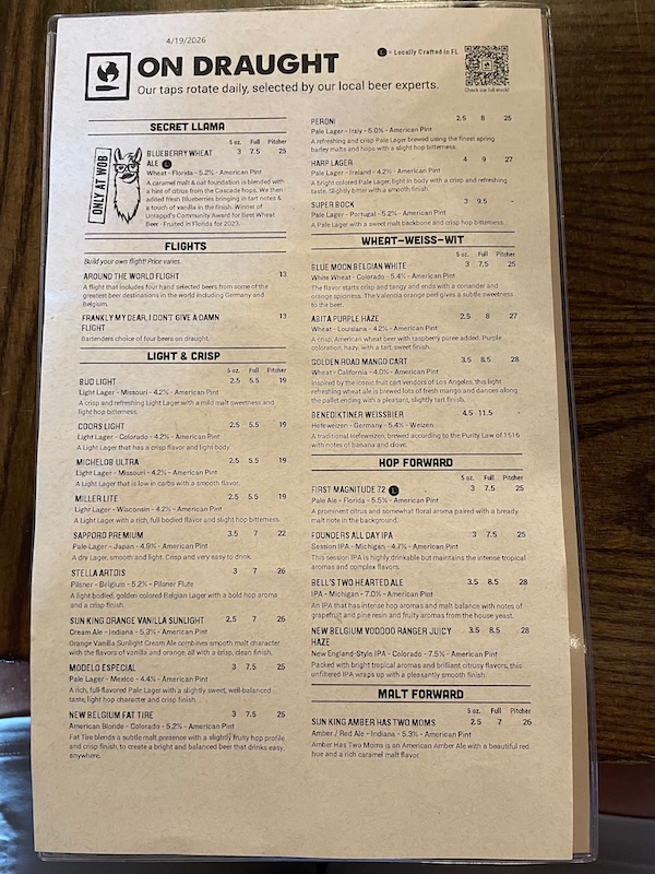 Draft beer menu selection on display