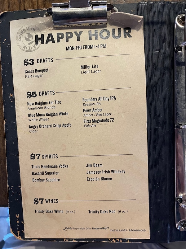 Happy hour pricing menu board