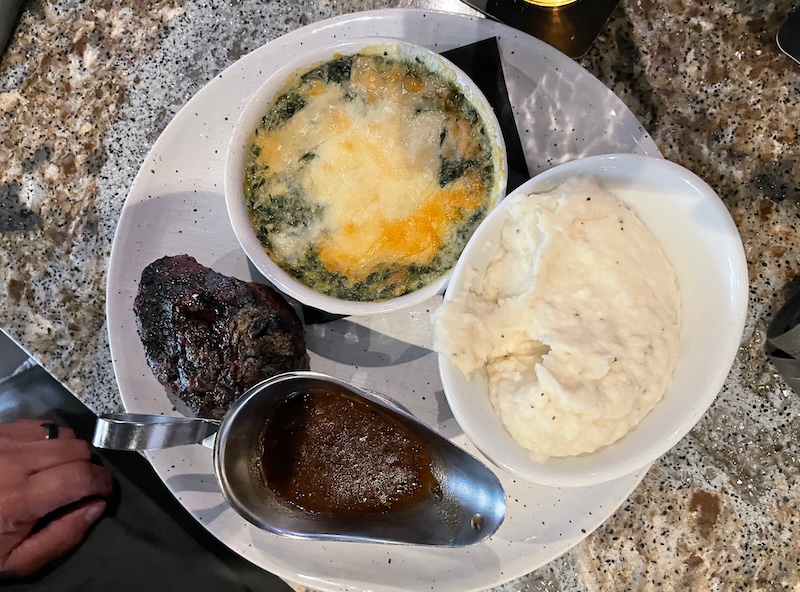 Filet mignon with mashed potatoes and creamed spinach at Chop House