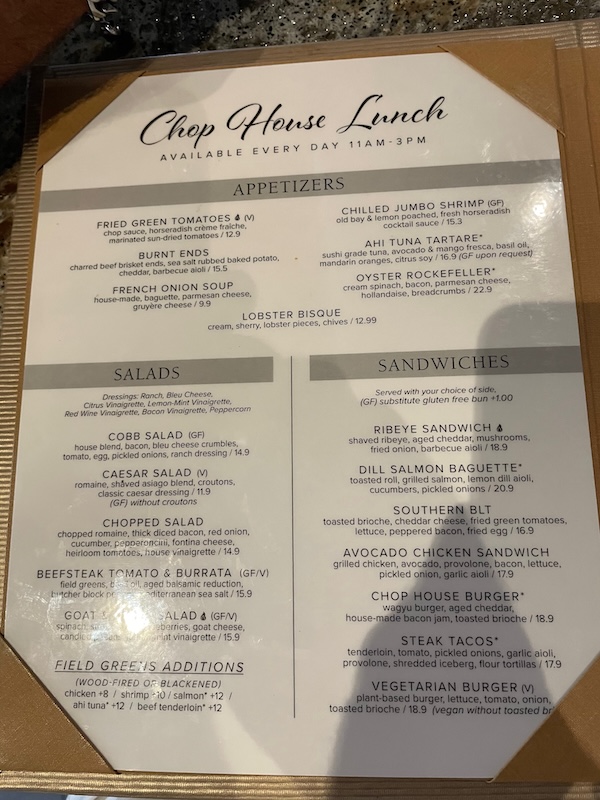 Chop House lunch menu in The Villages