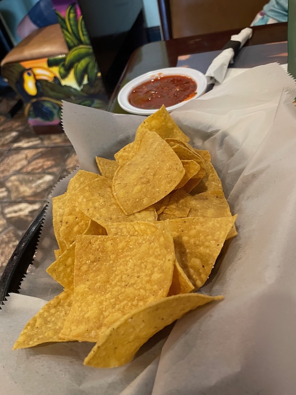 Bowl of salsa with a basket of warm tortilla chips