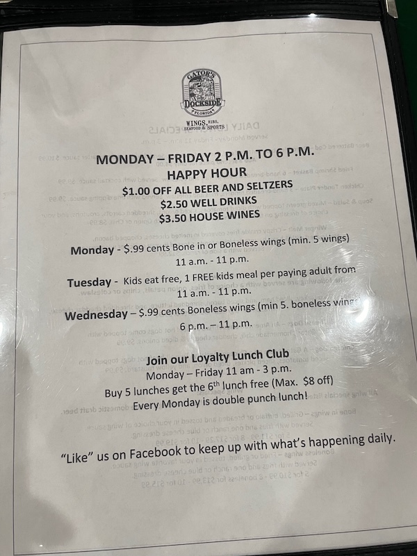 Happy hour drink specials at Gator's Dockside Brownwood